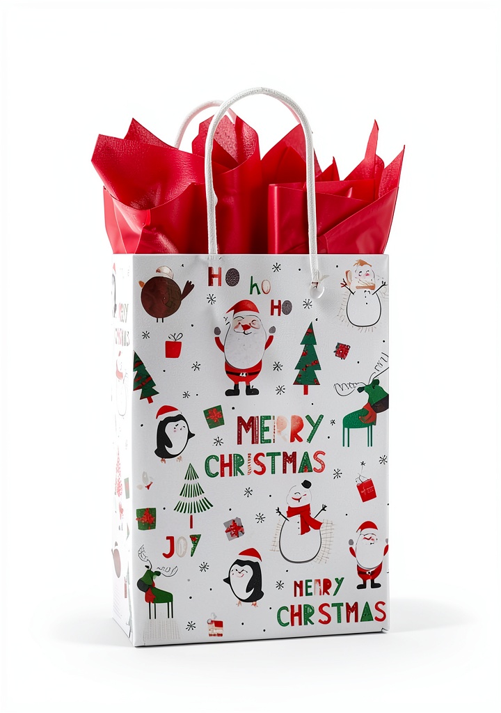 Colorful Christmas gift bags displayed on a festive table